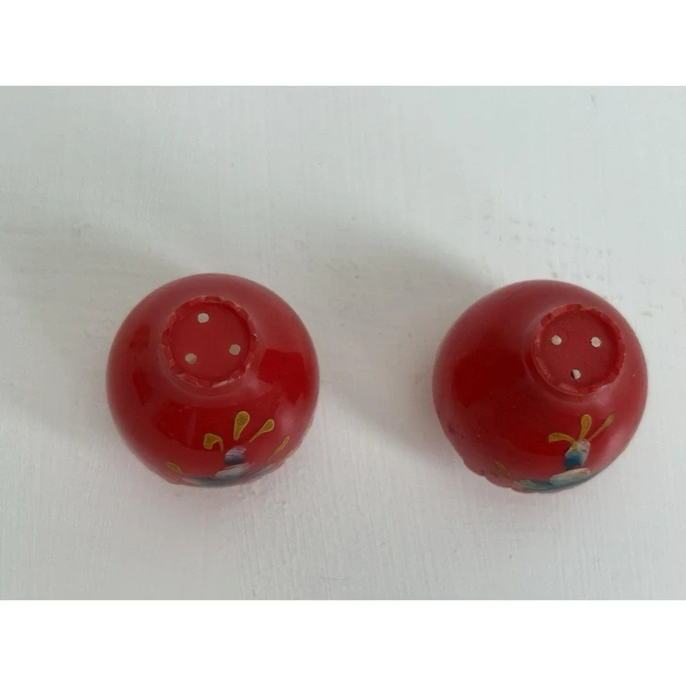 Vintage Mini Oil Lamp Salt Pepper Shakers Red Glass Brass Tone Holder